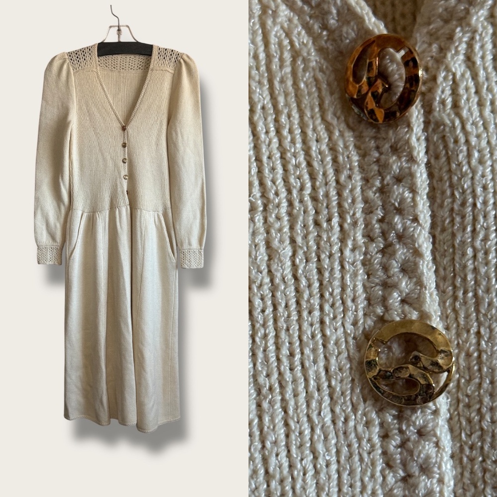 Vintage 1970s St. John By Marie Gray Cream Knit Puff Sleeve Sweater Dress Small